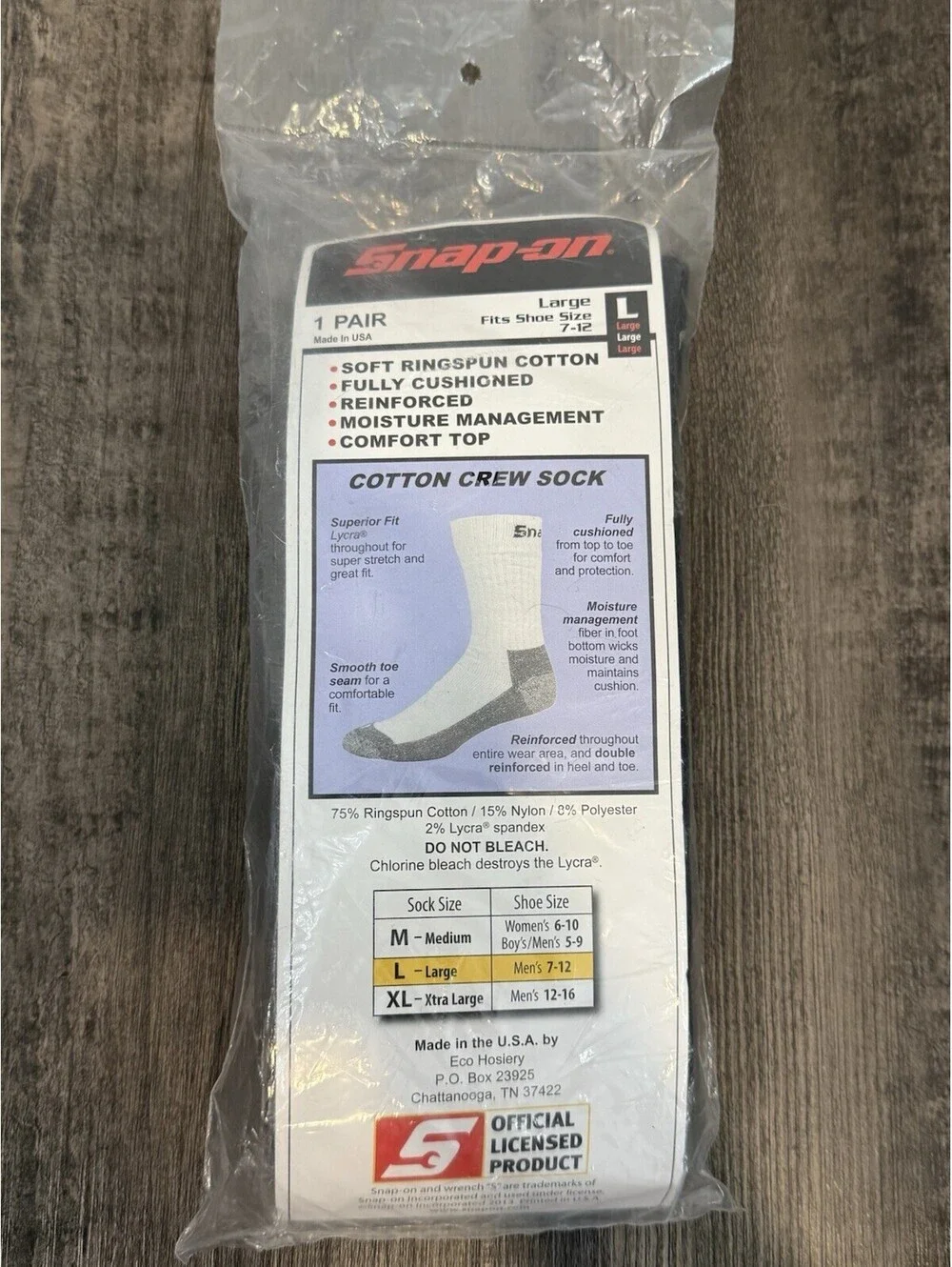 New Snap-on Tools Cotton Crew Socks Black Mens Large 7-12 Made In USA